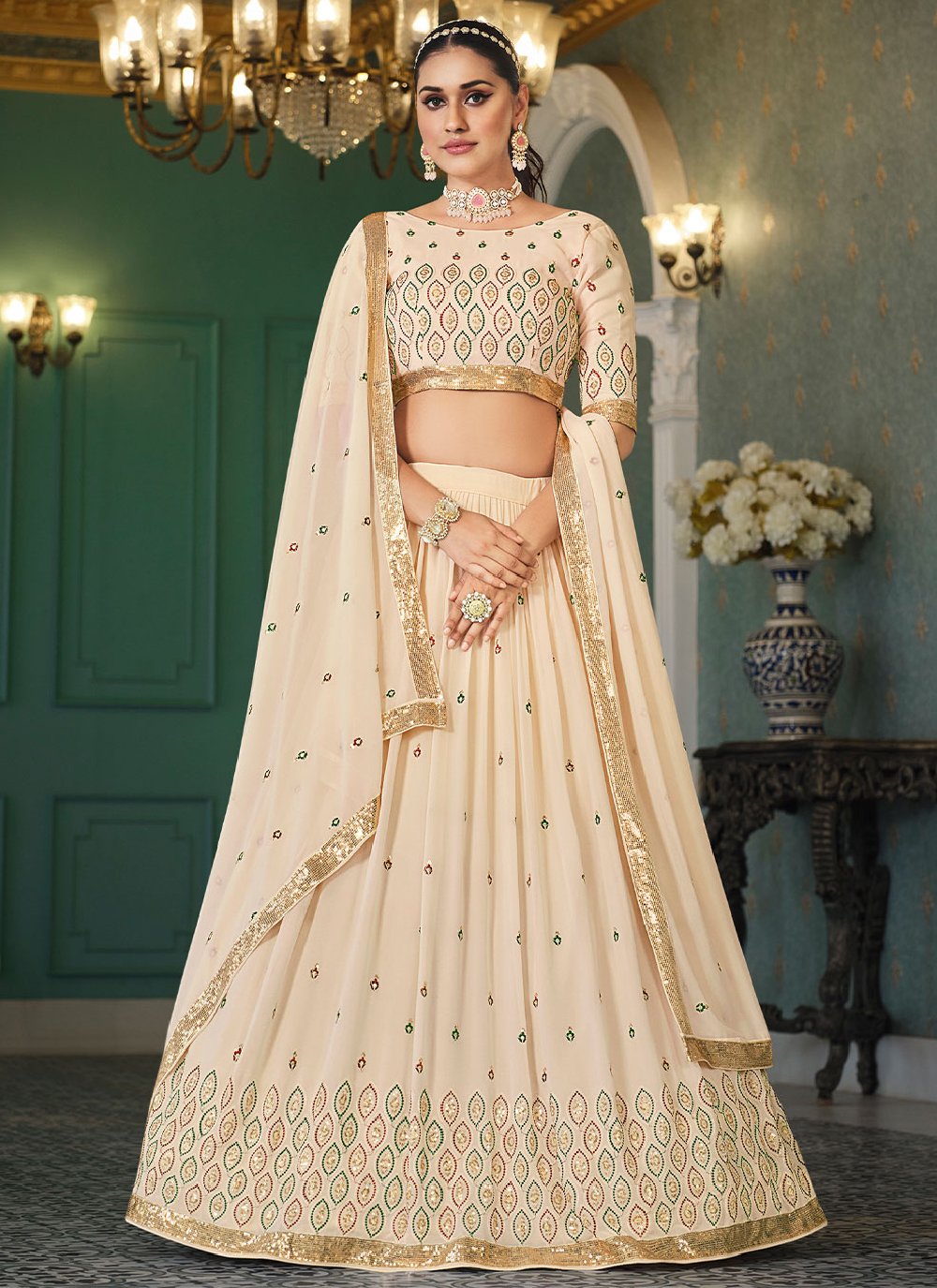 A Line Lehenga Georgette Cream Embroidered Lehenga Choli