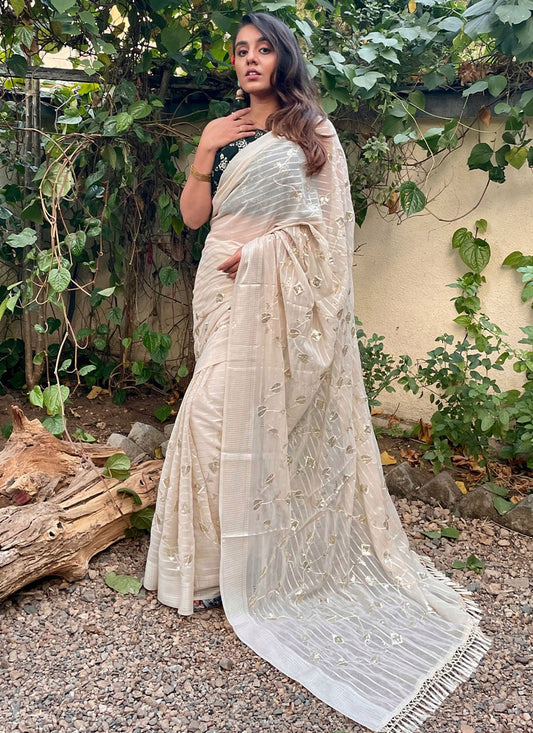 Contemporary Georgette Cream Embroidered Saree