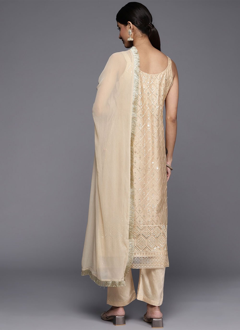 Salwar Suit Net Cream Embroidered Salwar Kameez