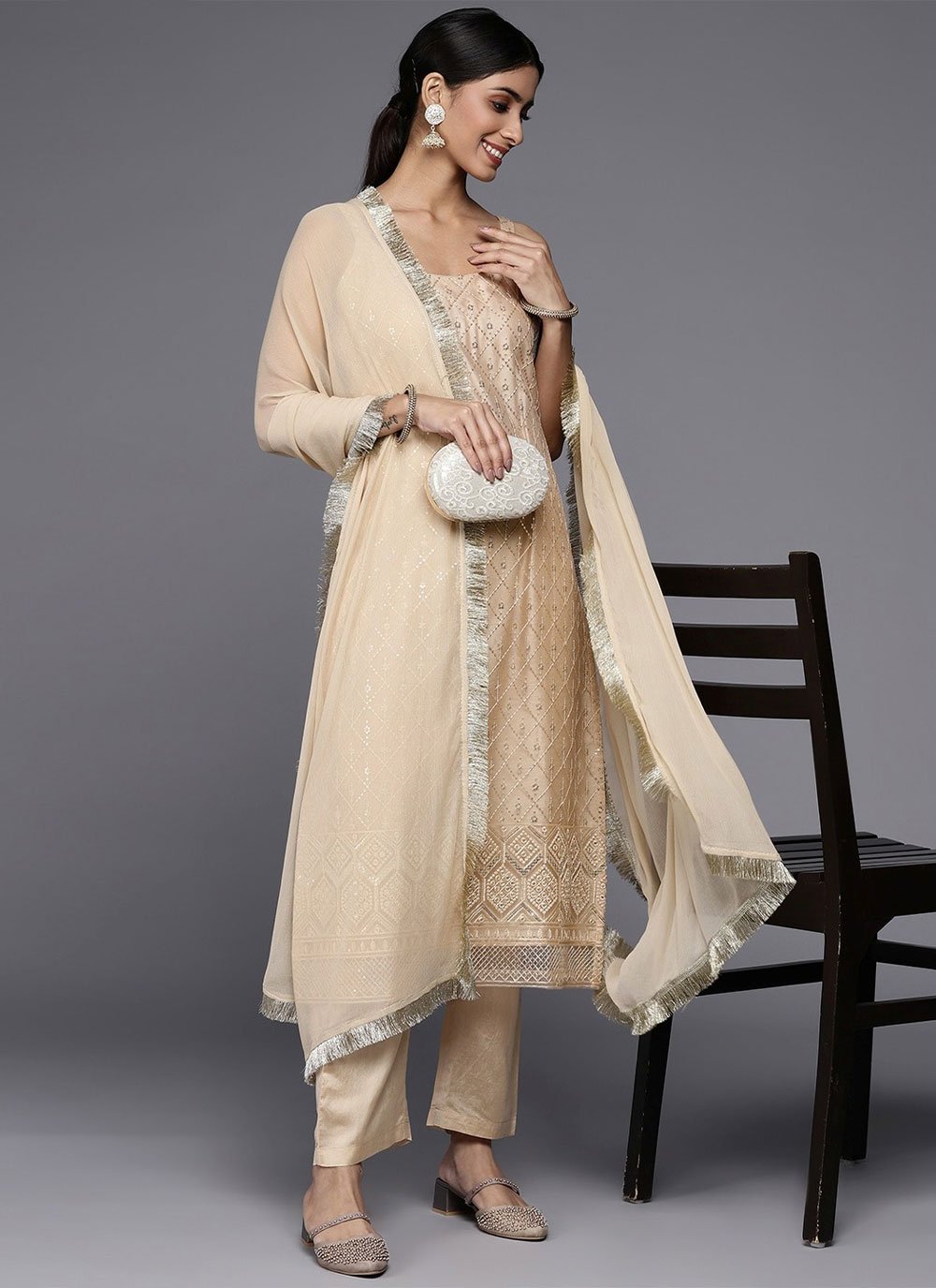 Salwar Suit Net Cream Embroidered Salwar Kameez