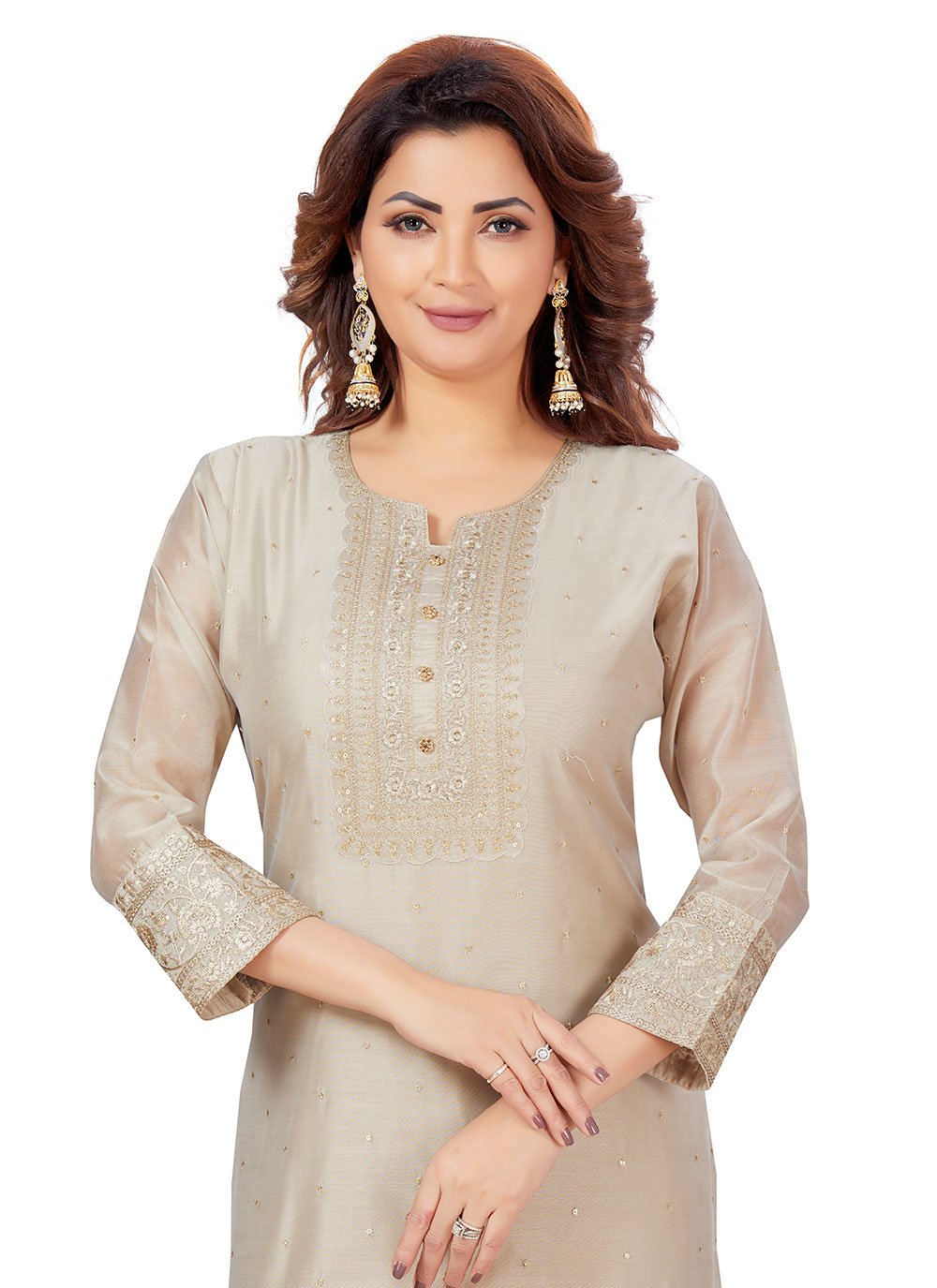 Salwar Suit Chanderi Cream Embroidered Salwar Kameez