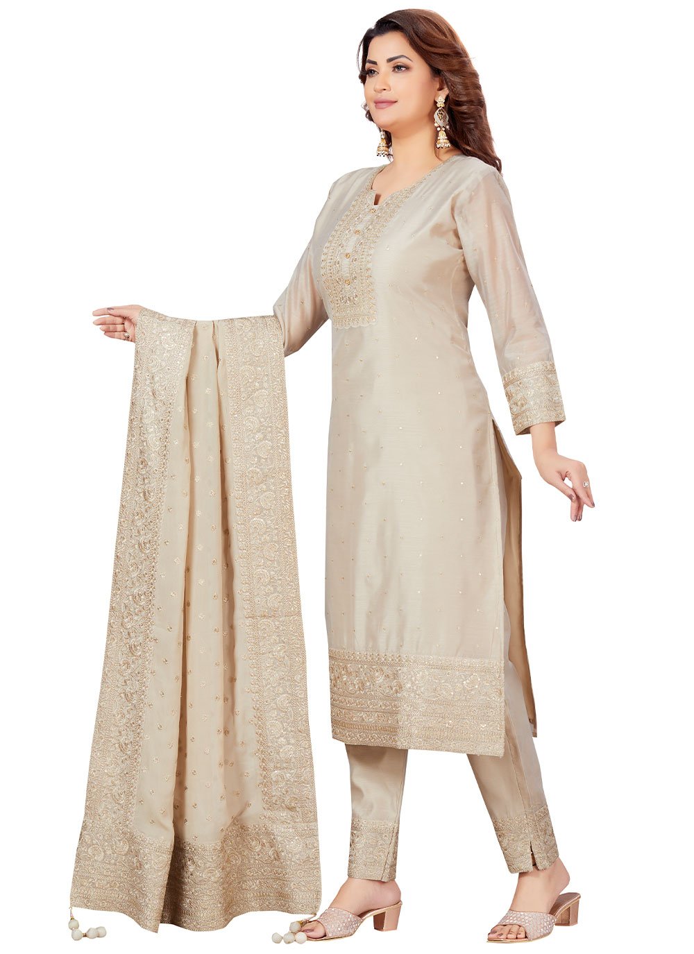 Salwar Suit Chanderi Cream Embroidered Salwar Kameez