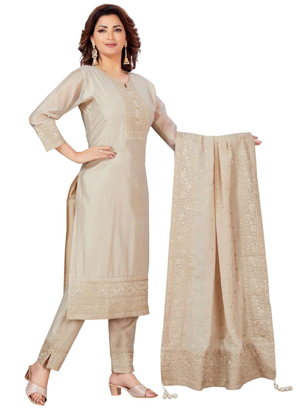 Salwar Suit Chanderi Cream Embroidered Salwar Kameez