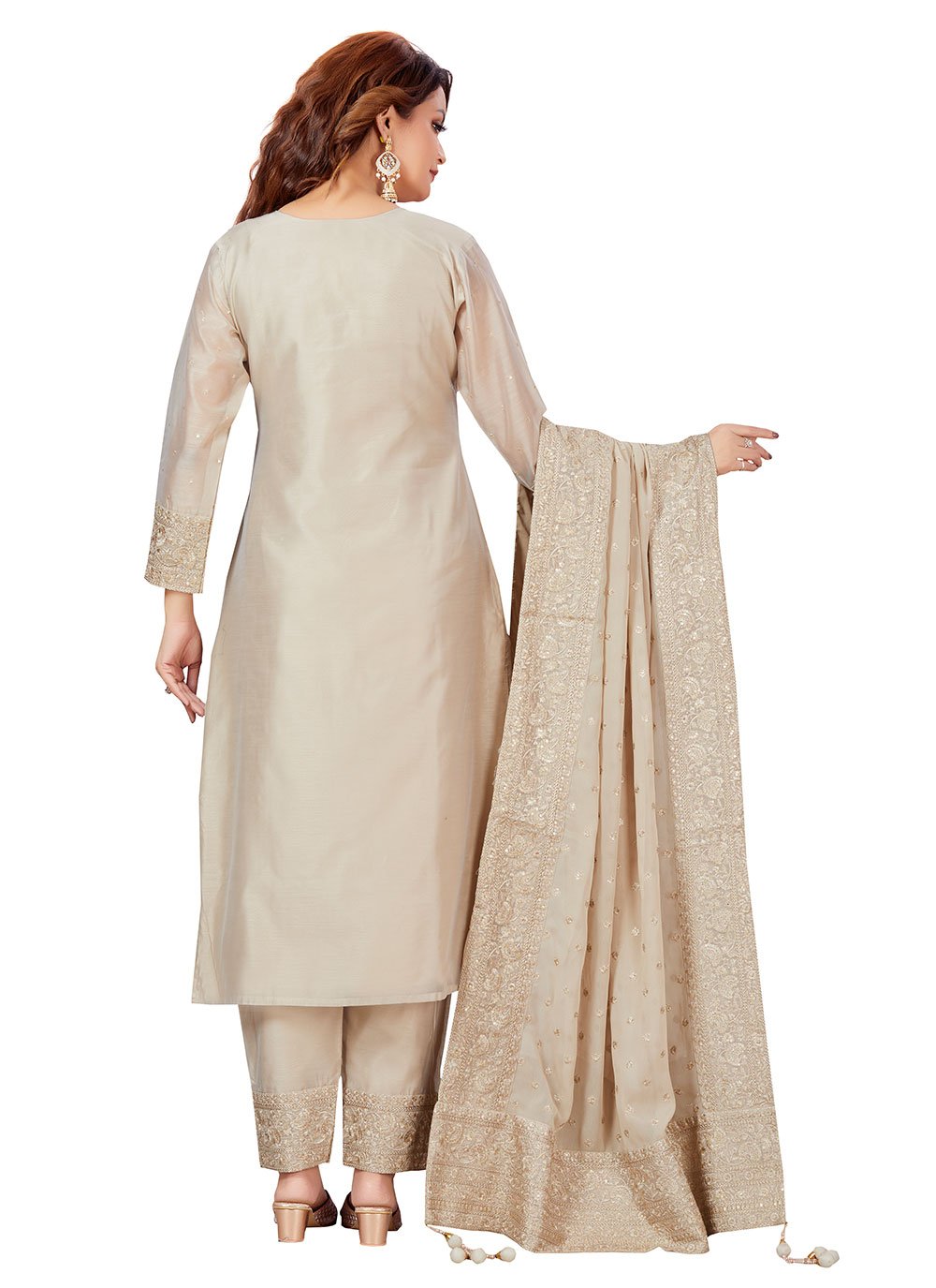 Salwar Suit Chanderi Cream Embroidered Salwar Kameez