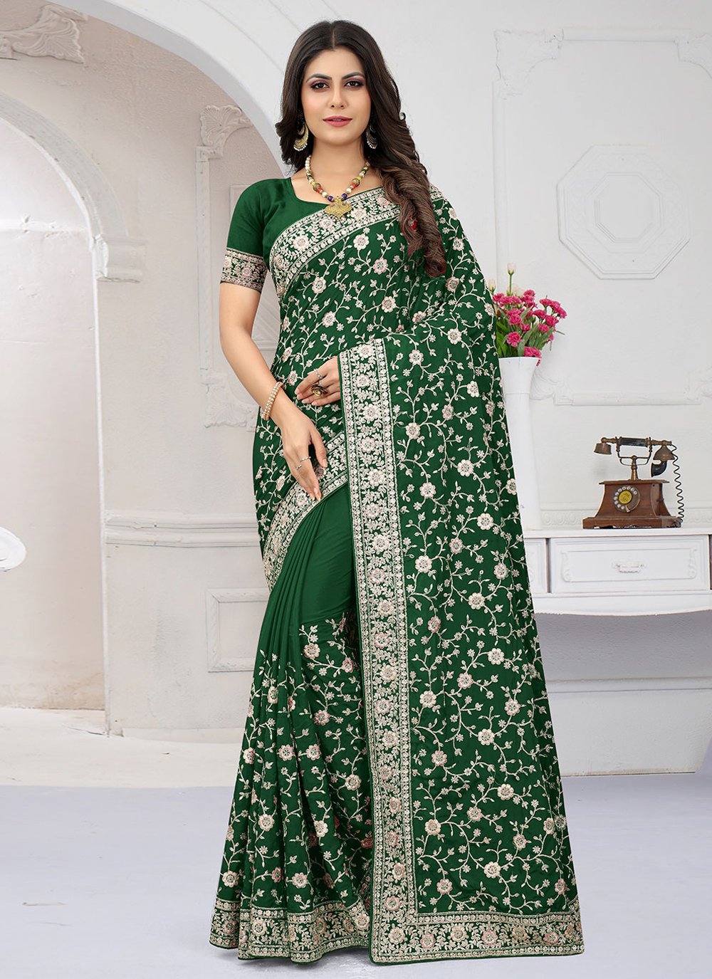 Classic Crepe Silk Green Embroidered Saree