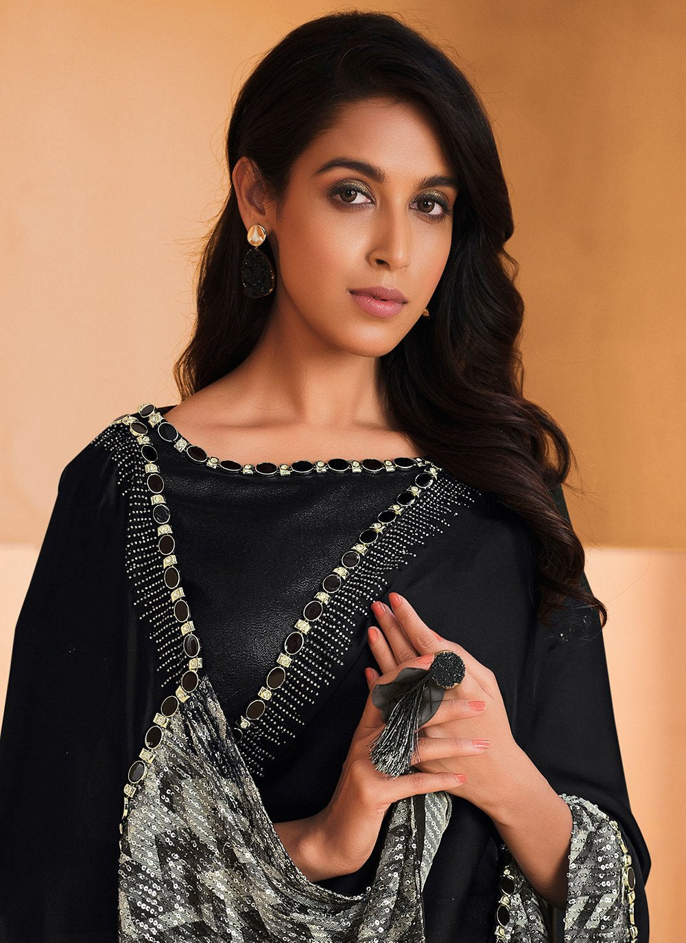 Contemporary Crepe Silk Satin Black Embroidered Saree