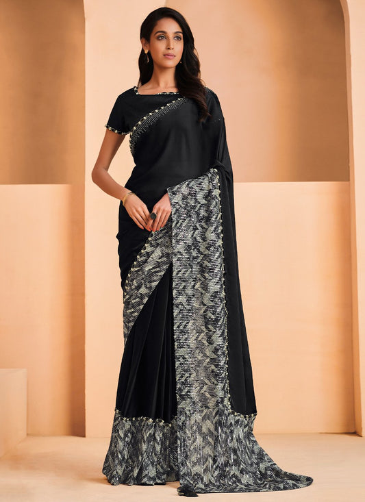 Contemporary Crepe Silk Satin Black Embroidered Saree