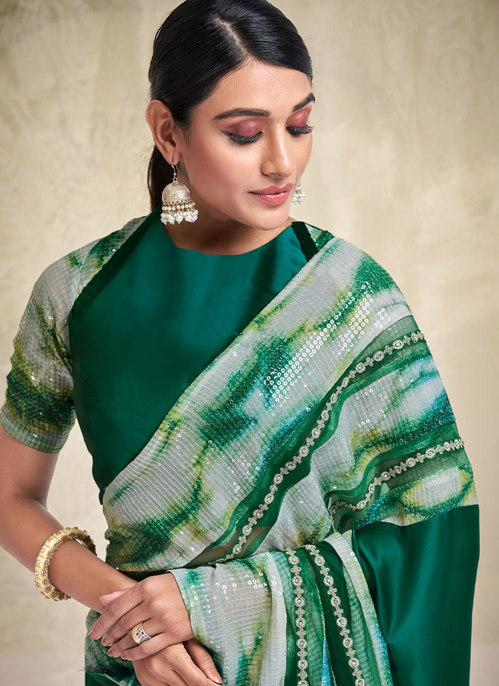 Trendy Saree Crepe Silk Satin Green Embroidered Saree