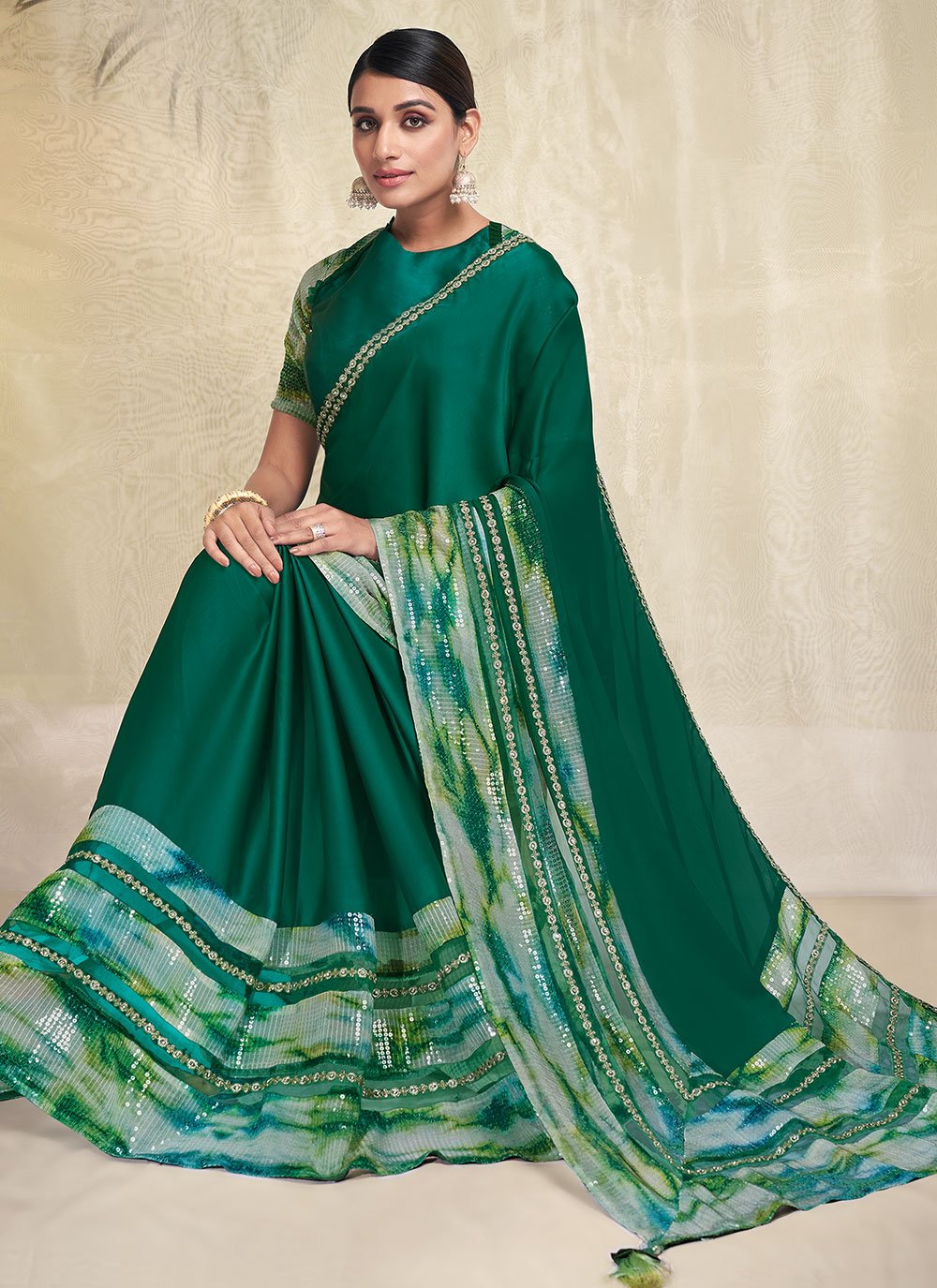 Trendy Saree Crepe Silk Satin Green Embroidered Saree