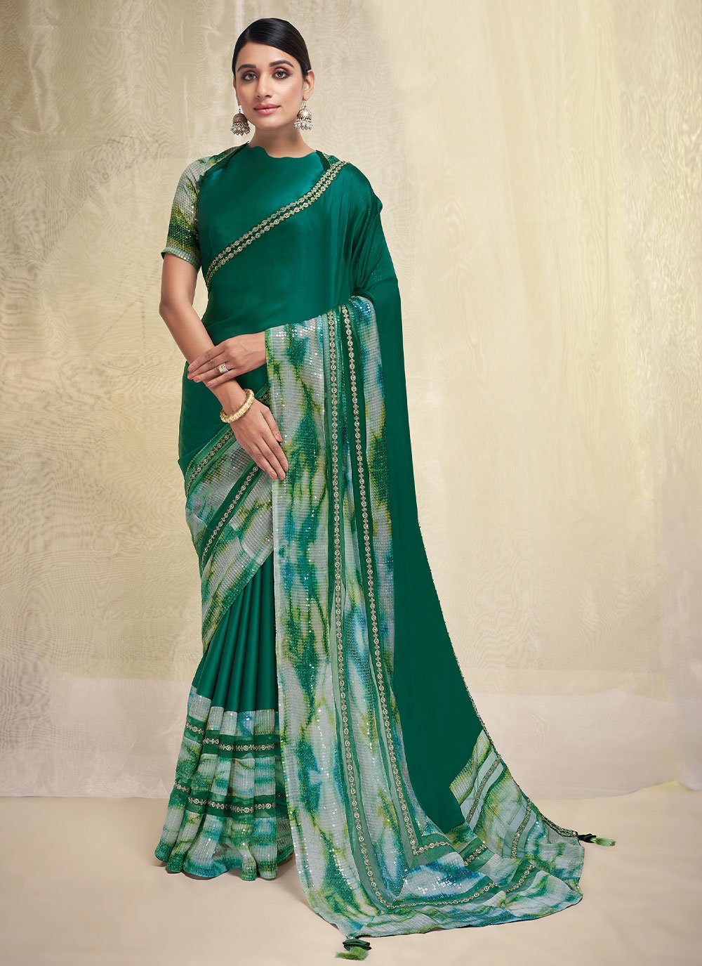 Trendy Saree Crepe Silk Satin Green Embroidered Saree