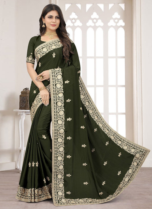 Classic Crepe Silk Green Embroidered Saree