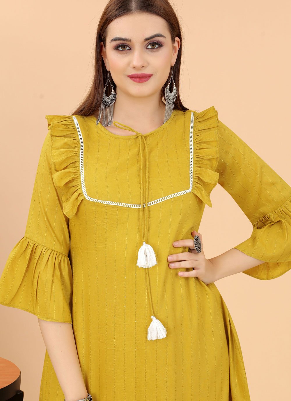 Designer Kurti Rayon Viscose Mustard Embroidered Kurtis