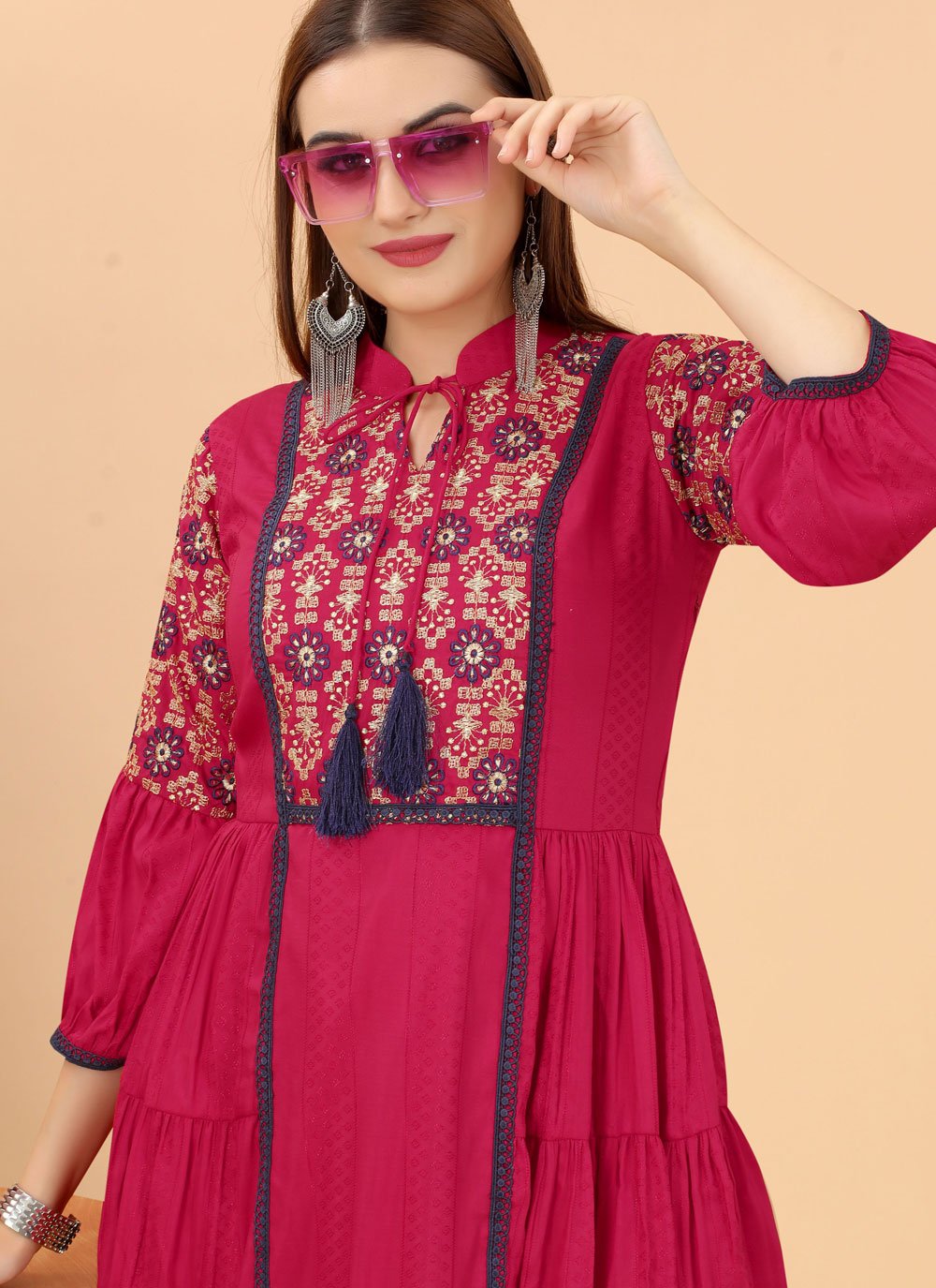 Designer Kurti Rayon Viscose Pink Embroidered Kurtis