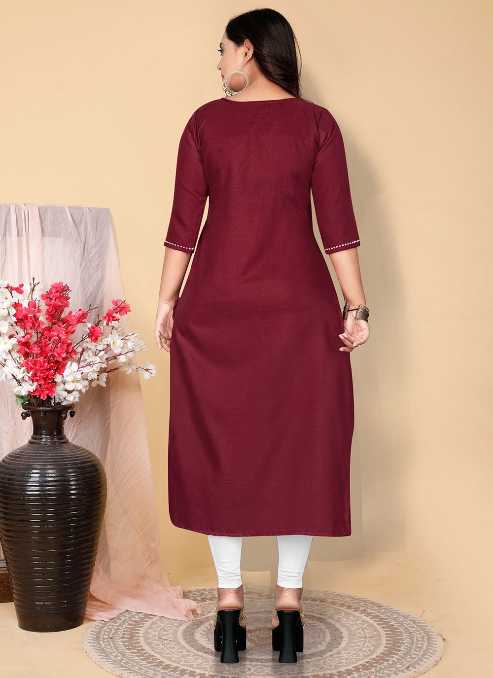 Designer Kurti Cotton Maroon Embroidered Kurtis