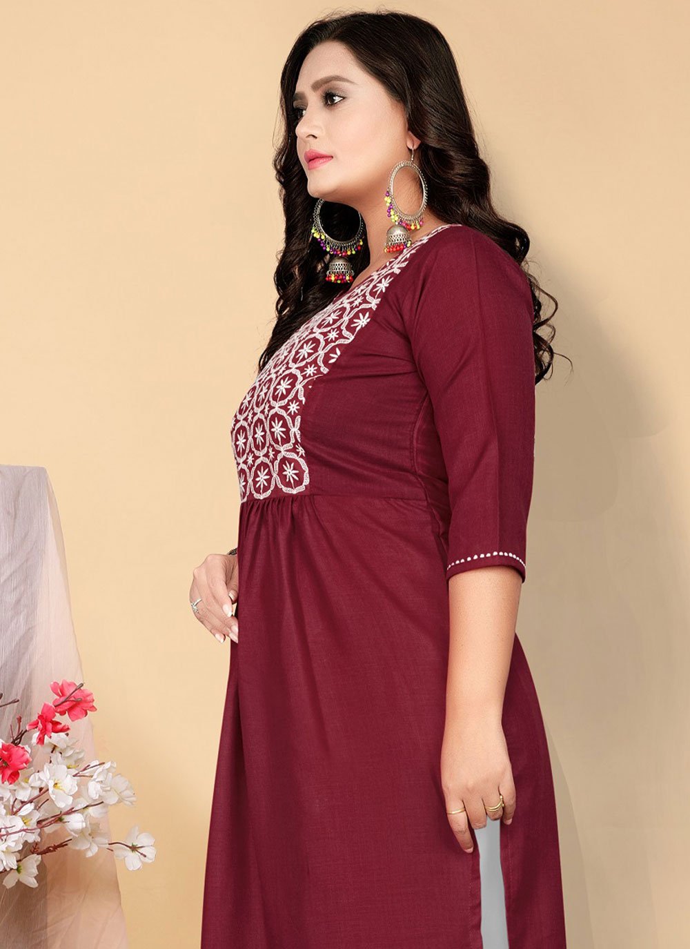 Designer Kurti Cotton Maroon Embroidered Kurtis