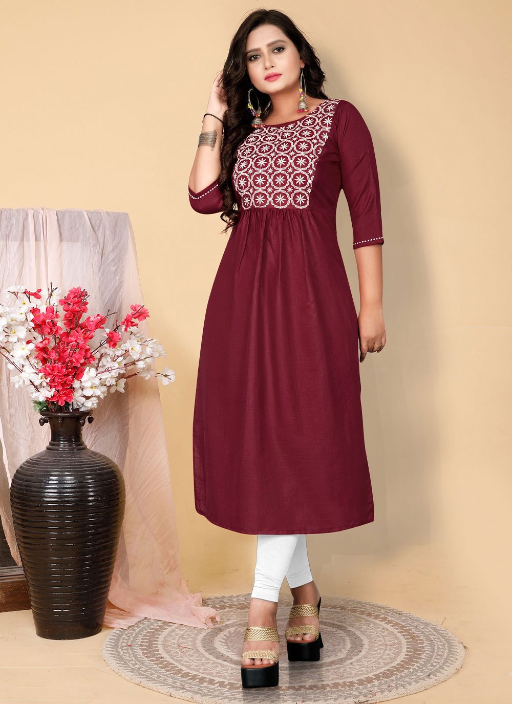 Designer Kurti Cotton Maroon Embroidered Kurtis