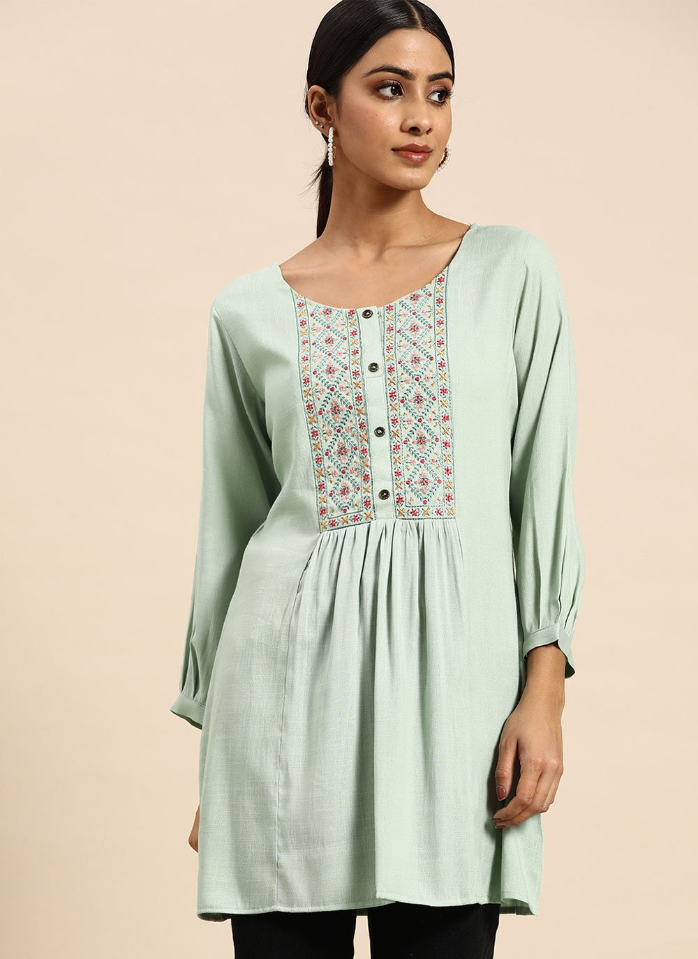 Designer Kurti Rayon Sea Green Embroidered Kurtis