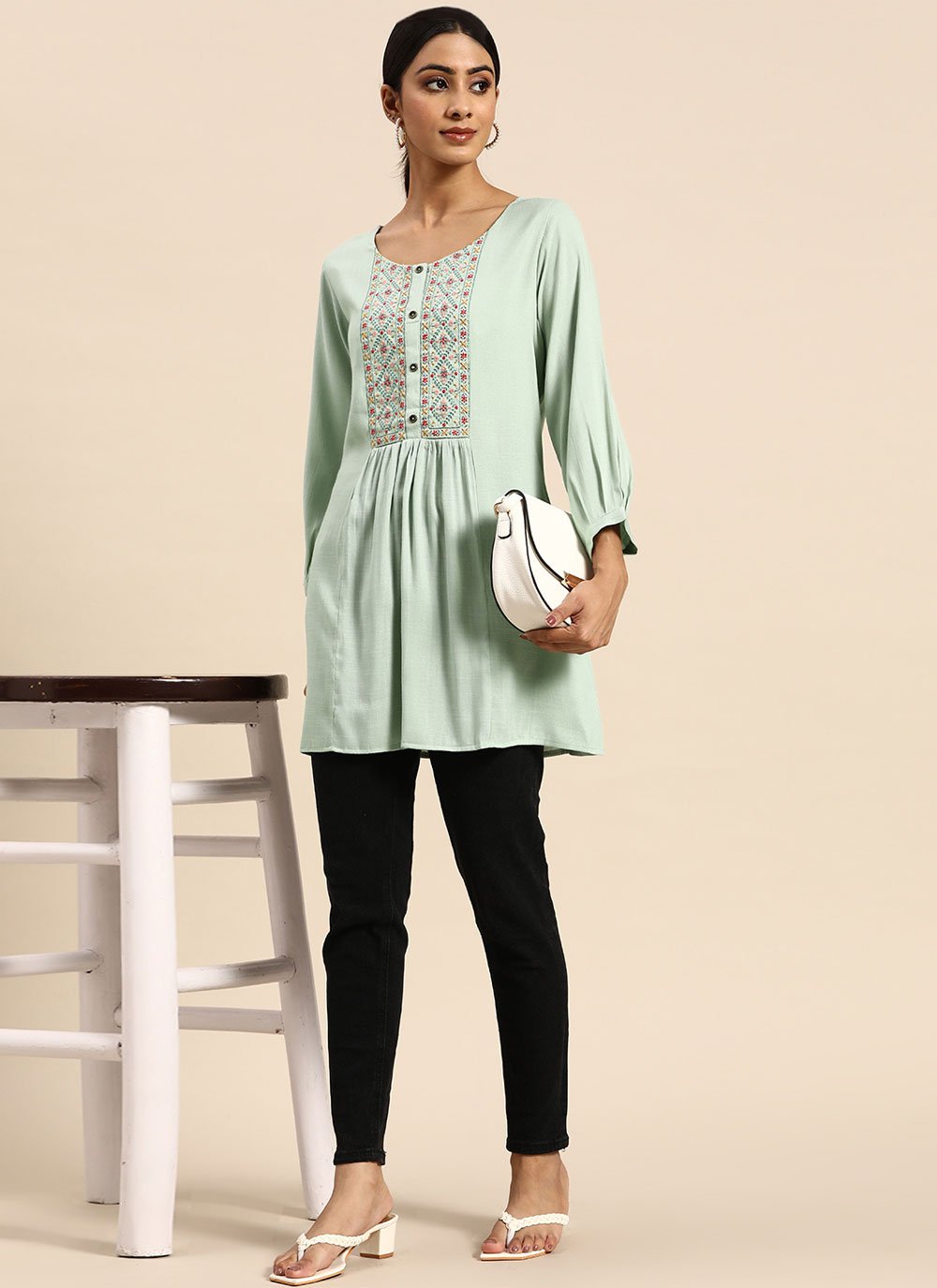 Designer Kurti Rayon Sea Green Embroidered Kurtis