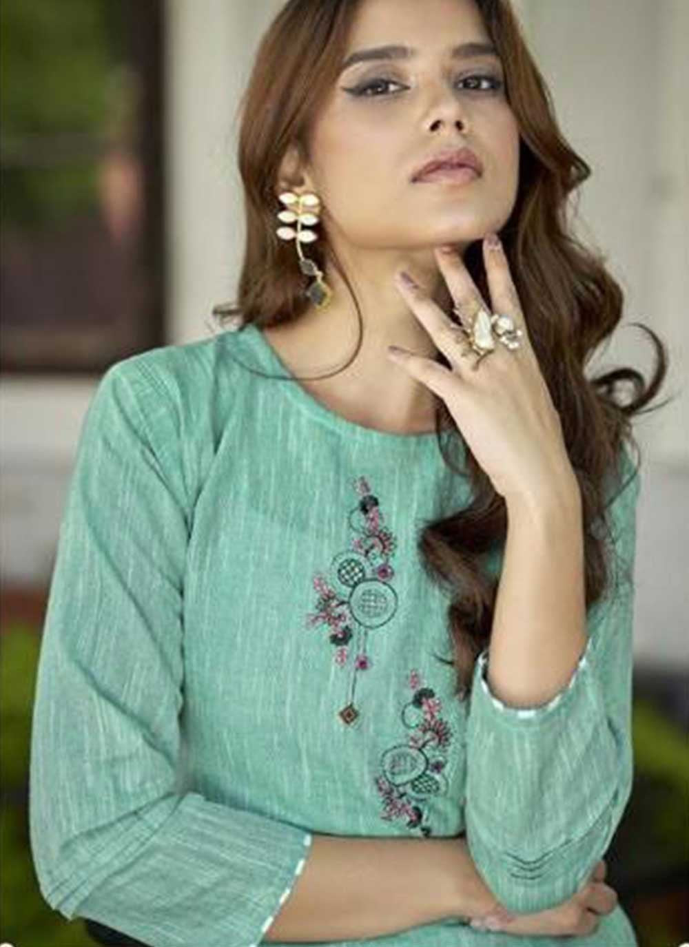 Designer Kurti Cotton Khadi Green Embroidered Kurtis