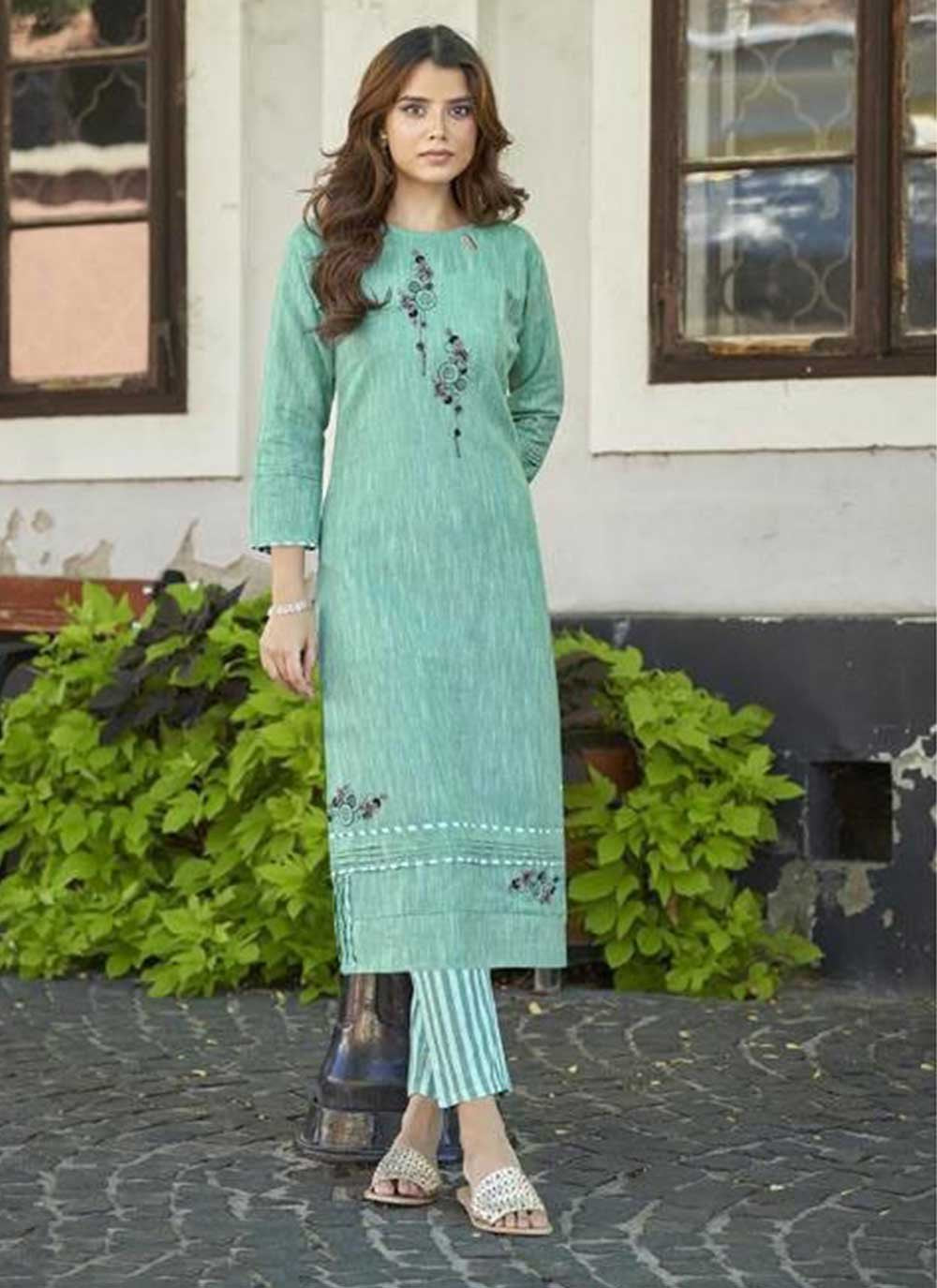 Designer Kurti Cotton Khadi Green Embroidered Kurtis