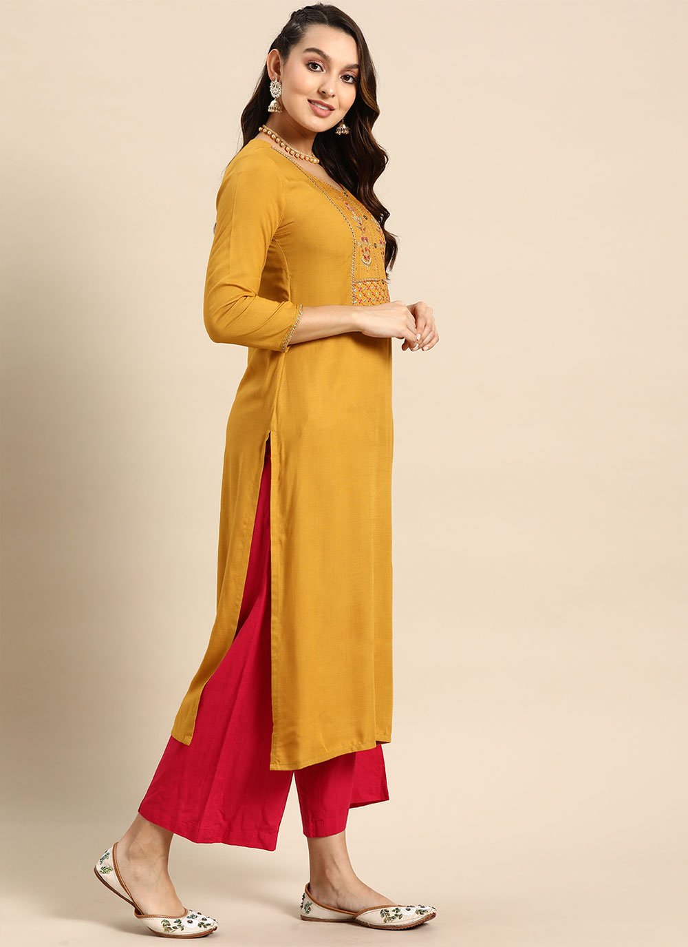 Designer Kurti Poly Rayon Mustard Aari Work Kurtis