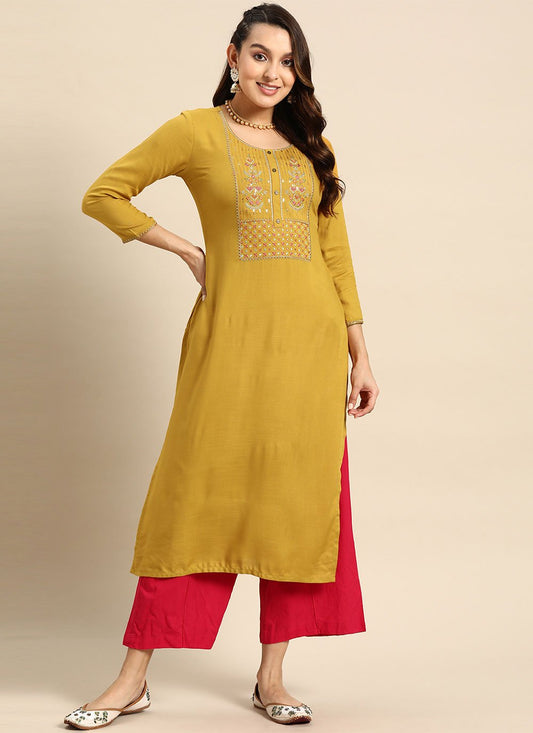 Designer Kurti Poly Rayon Mustard Aari Work Kurtis