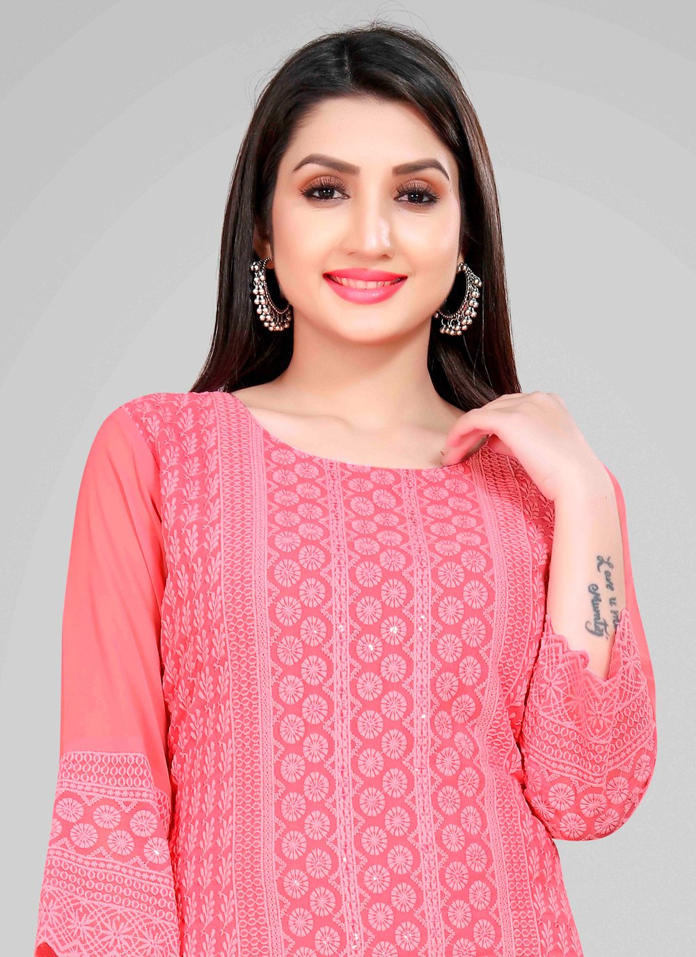 Designer Kurti Chiffon Georgette Pink Embroidered Kurtis