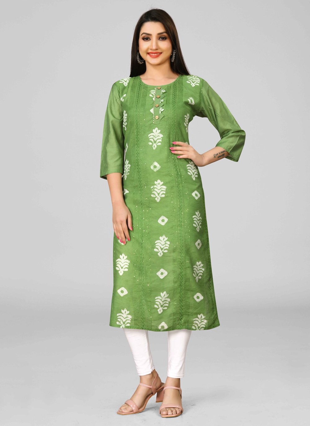 Designer Kurti Chanderi Green Embroidered Kurtis