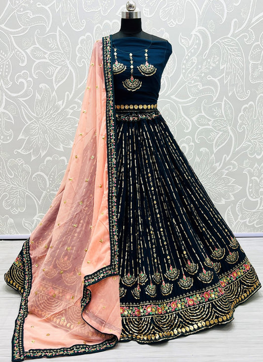 Lehenga Choli Georgette Teal Embroidered Lehenga Choli