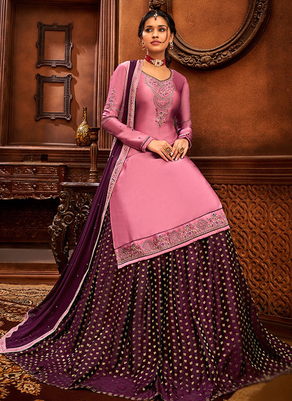 Lehenga Choli Satin Pink Embroidered Lehenga Choli