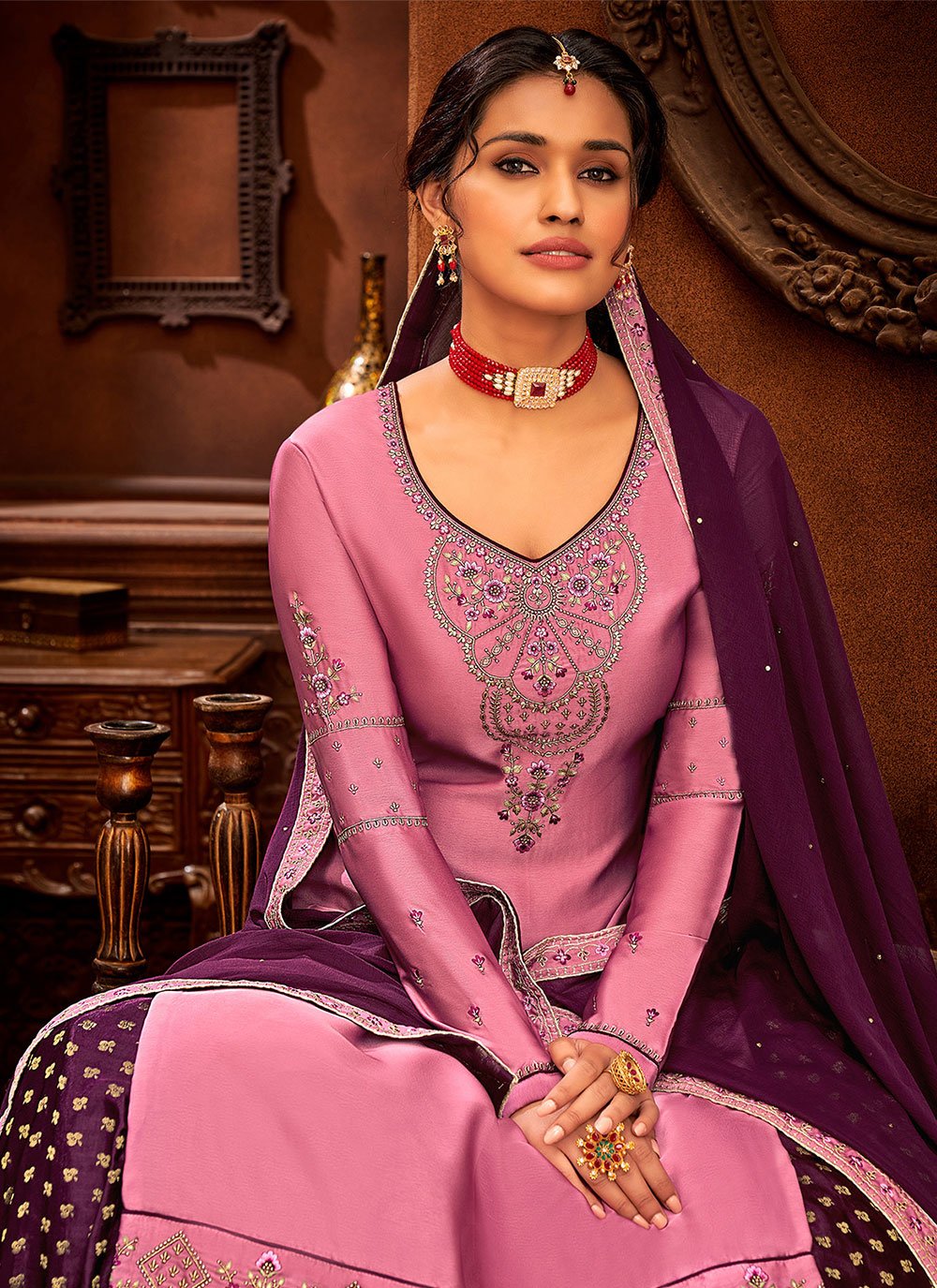 Lehenga Choli Satin Pink Embroidered Lehenga Choli