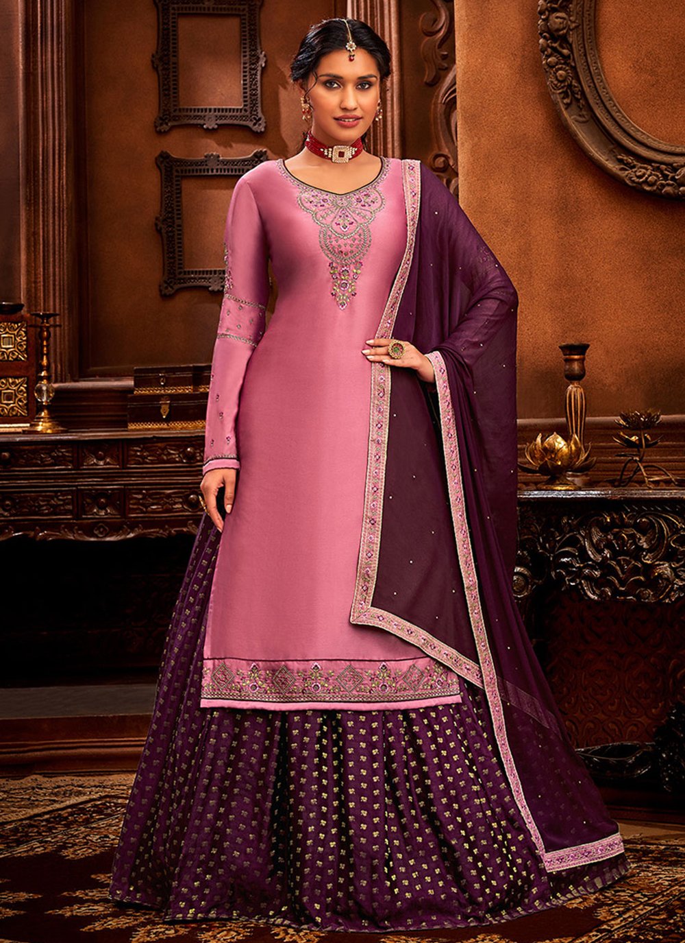 Lehenga Choli Satin Pink Embroidered Lehenga Choli