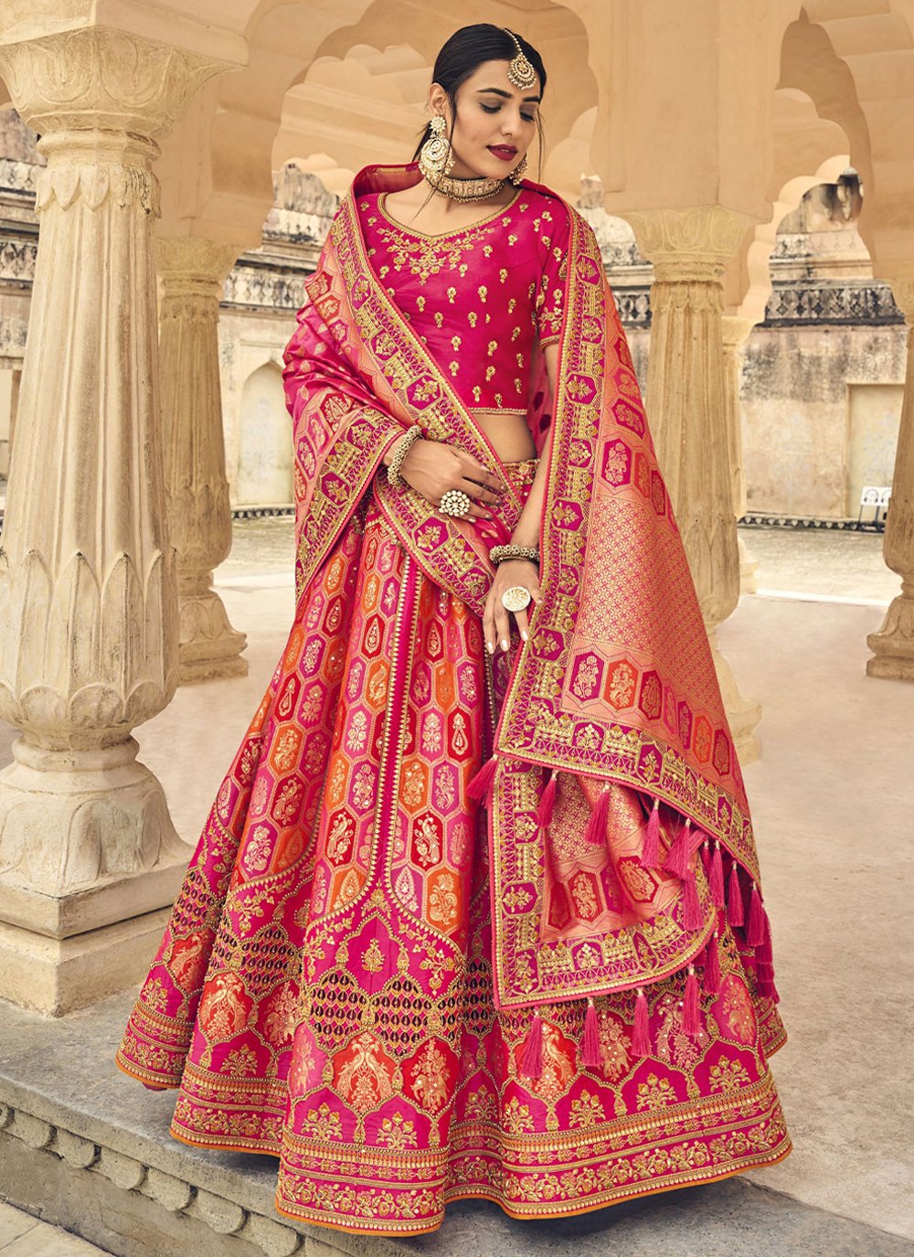 Lehenga Choli Banarasi Silk Pink Embroidered Lehenga Choli