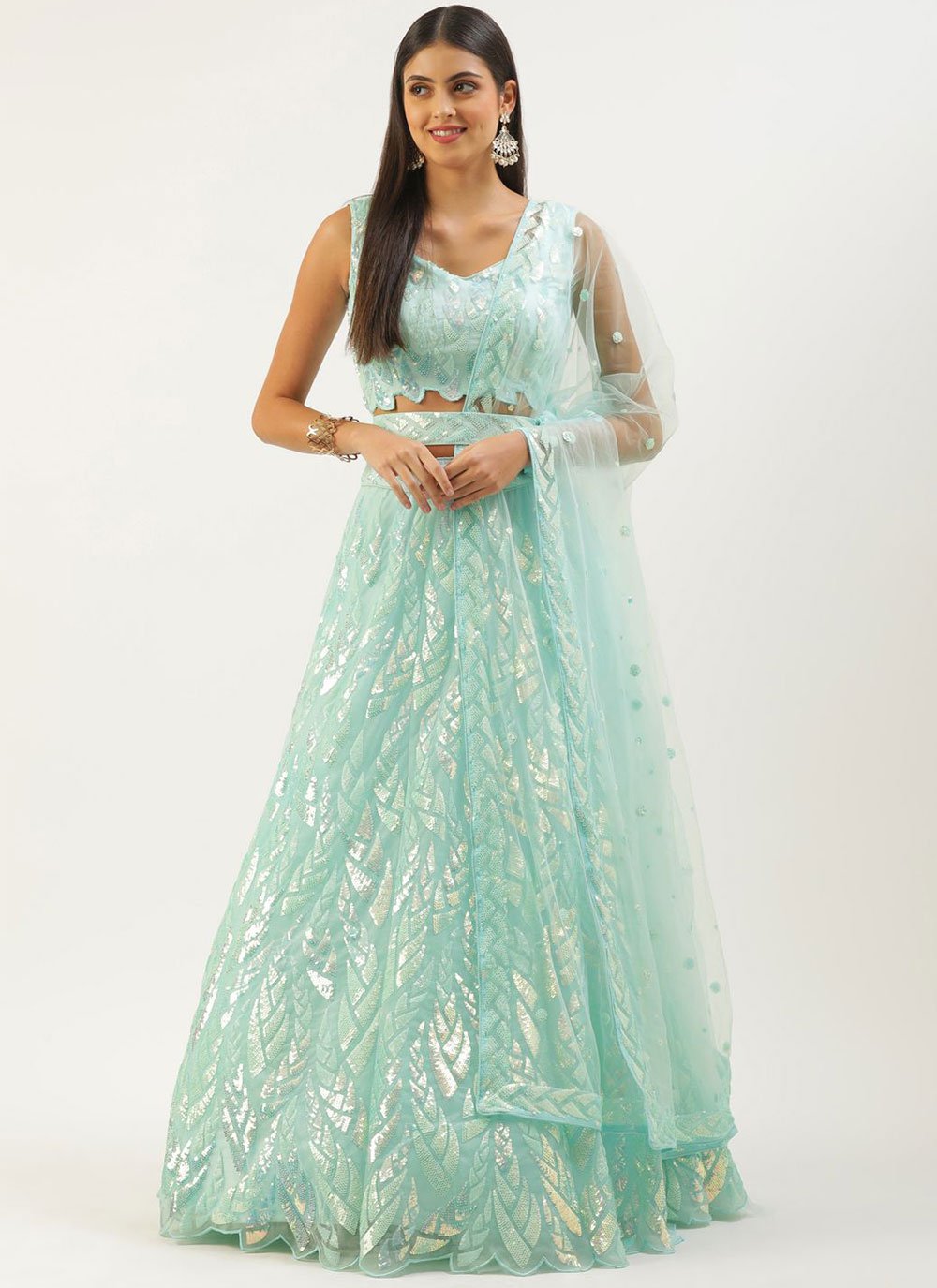 Lehenga Choli Net Turquoise Embroidered Lehenga Choli