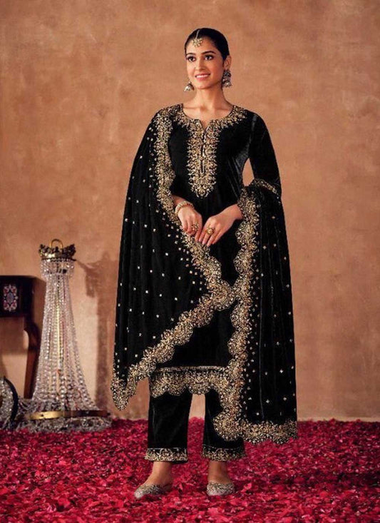 Pakistani Salwar Suit Velvet Black Embroidered Salwar Kameez