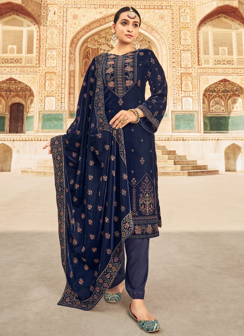 Palazzo Salwar Suit Velvet Blue Embroidered Salwar Kameez