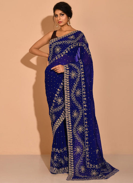 Designer Georgette Blue Embroidered Saree