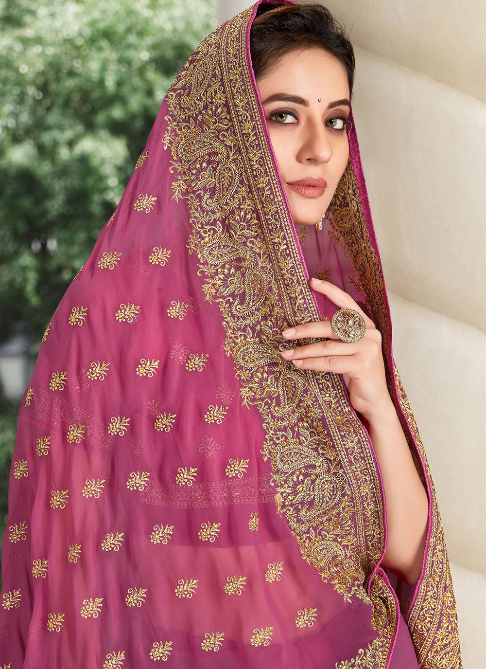 Designer Georgette Pink Embroidered Saree