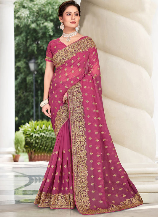 Designer Georgette Pink Embroidered Saree