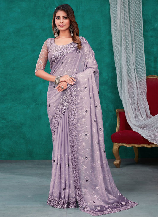 Designer Organza Lavender Embroidered Saree