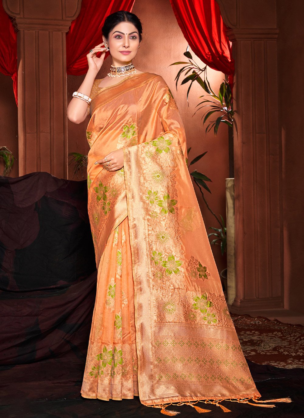 Traditional Saree Silk Peach Embroidered Saree