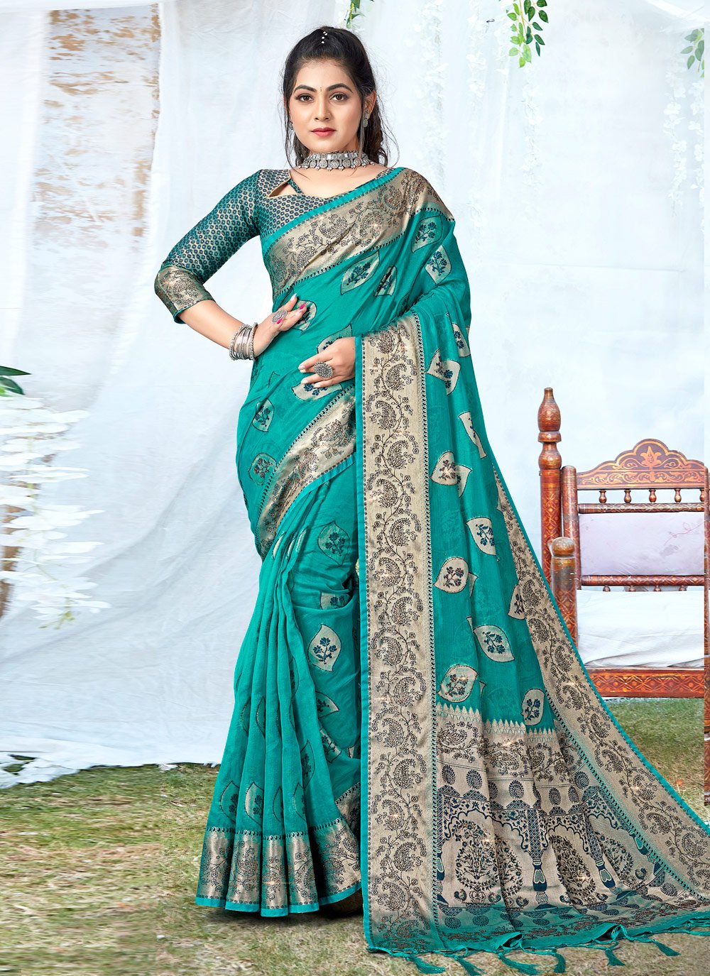 Traditional Saree Organza Turquoise Embroidered Saree