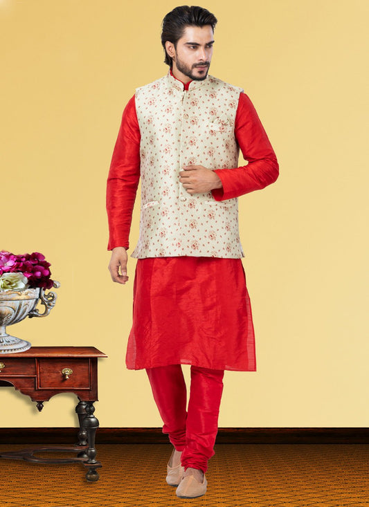 Kurta Payjama With Jacket Dupion Silk Jacquard Silk Cream Red Embroidered Mens