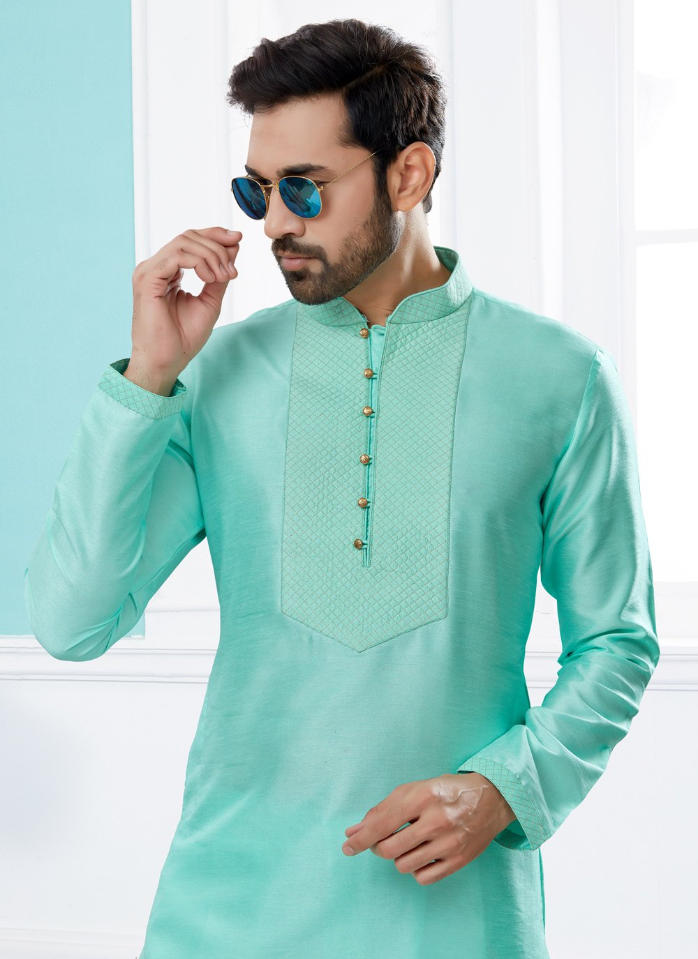 Kurta Pyjama Dupion Silk Firozi Embroidered Mens