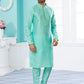 Kurta Pyjama Dupion Silk Firozi Embroidered Mens