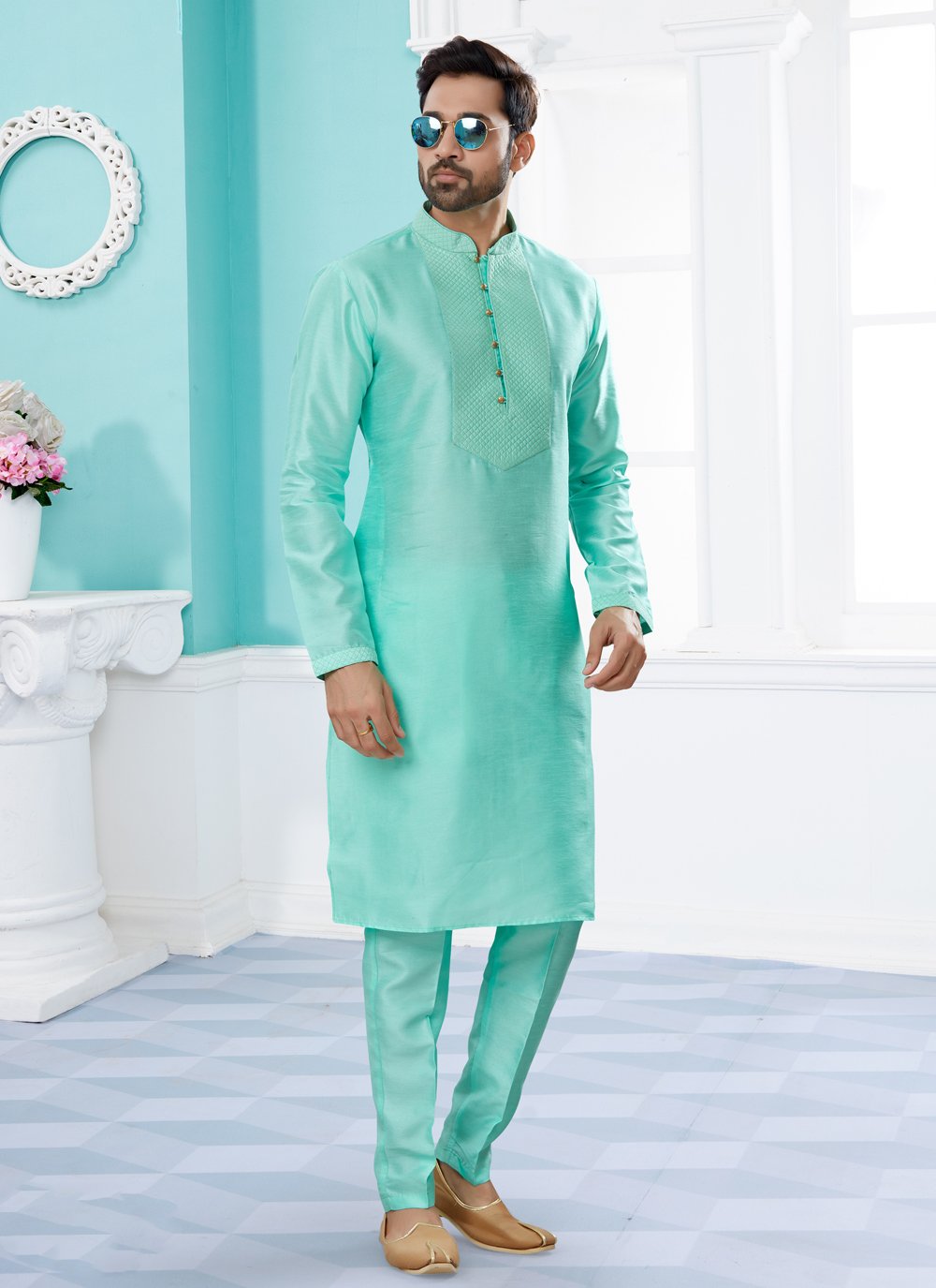 Kurta Pyjama Dupion Silk Firozi Embroidered Mens