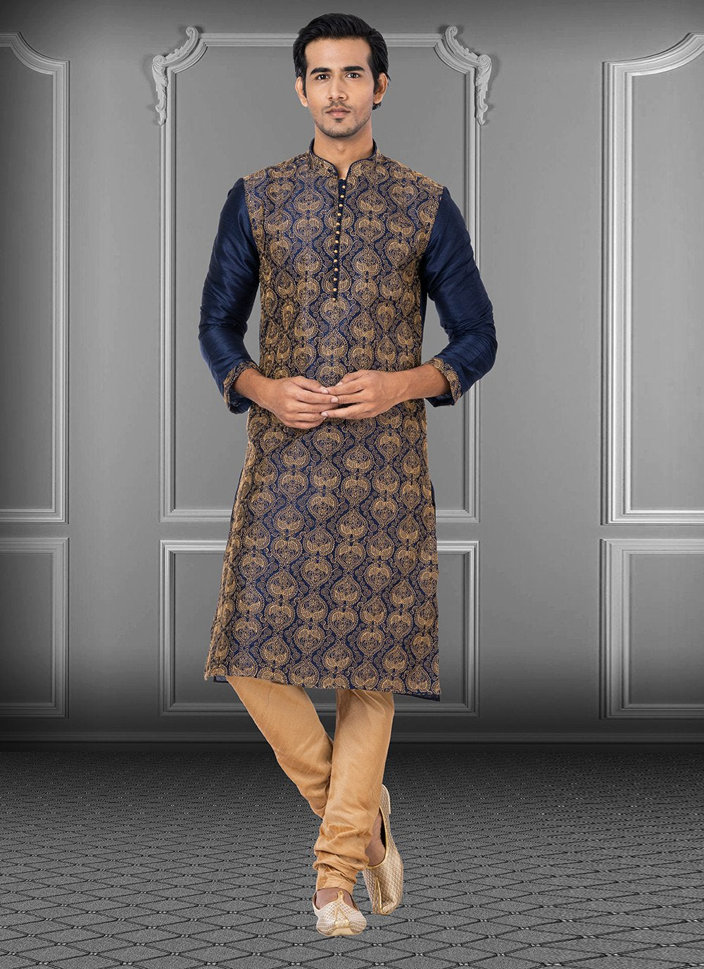 Kurta Pyjama Dupion Silk Blue Embroidered Mens