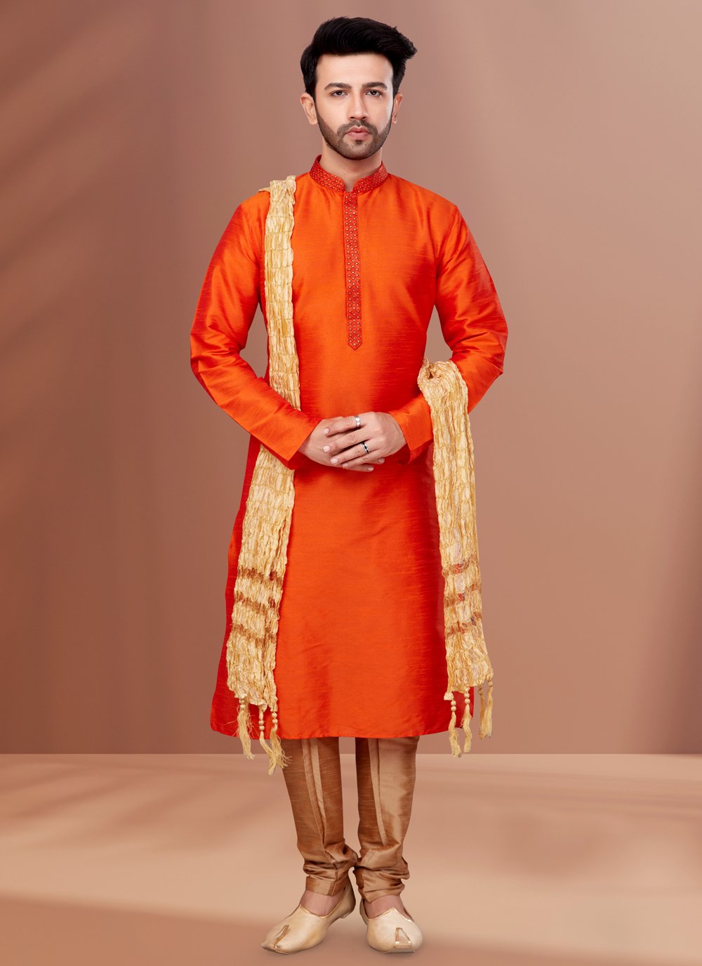 Kurta Pyjama Dupion Silk Orange Embroidered Mens