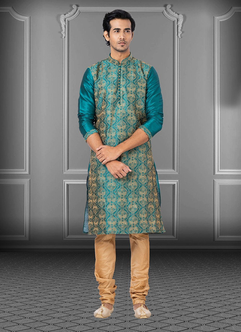 Kurta Pyjama Dupion Silk Rama Embroidered Mens