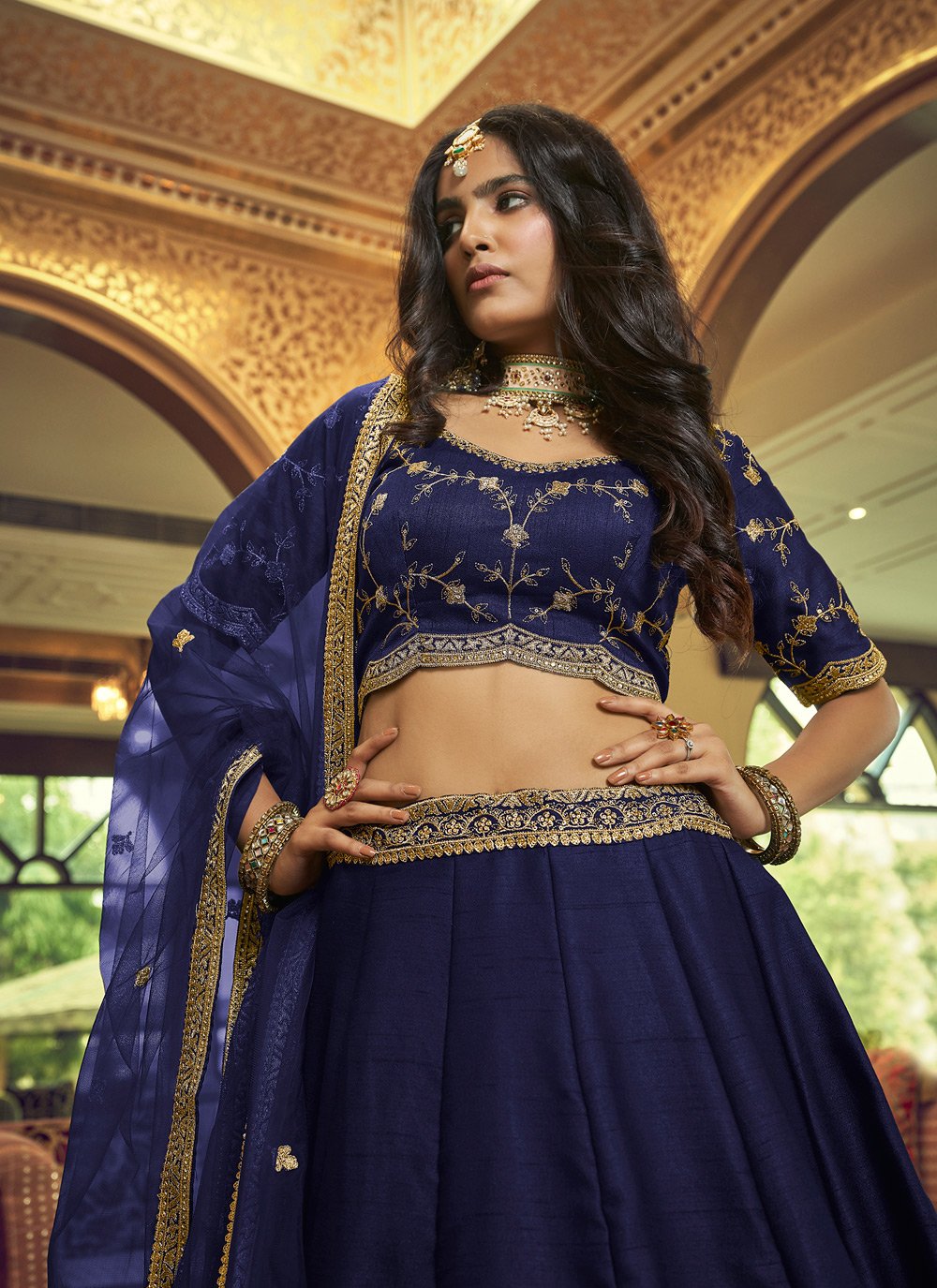 A Line Lehenga Satin Silk Blue Embroidered Lehenga Choli